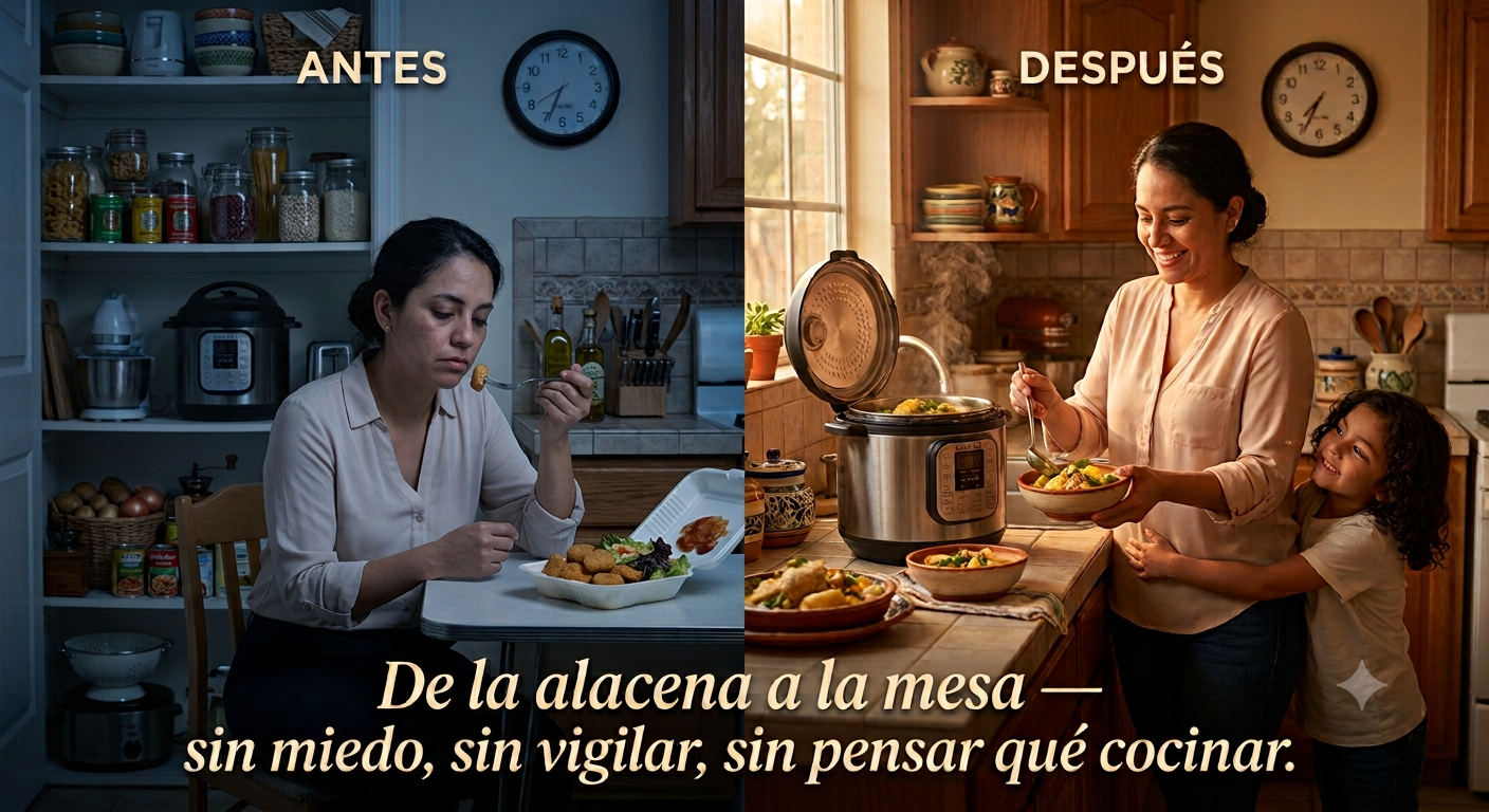 Antes: mujer cansada comiendo comida para llevar junto a la olla guardada. Después: la misma mujer sonriente sirviendo un guiso casero con su hijo abrazándola